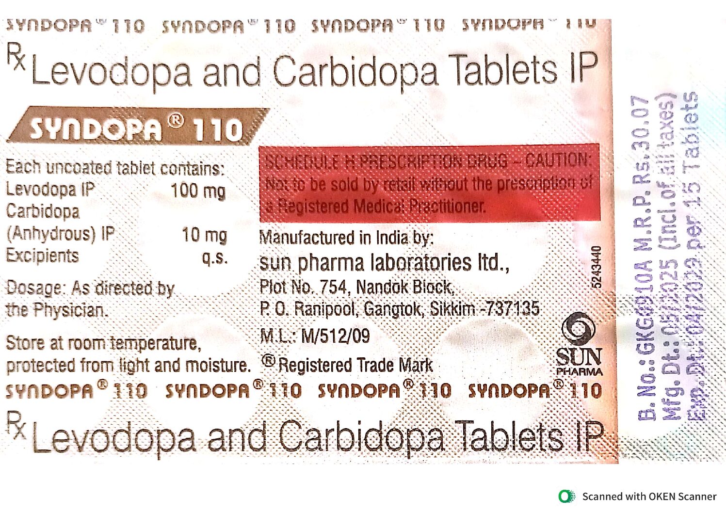 SYNDOPA 110 MG TAB  LEVODOPA &CARBIDOPA IP