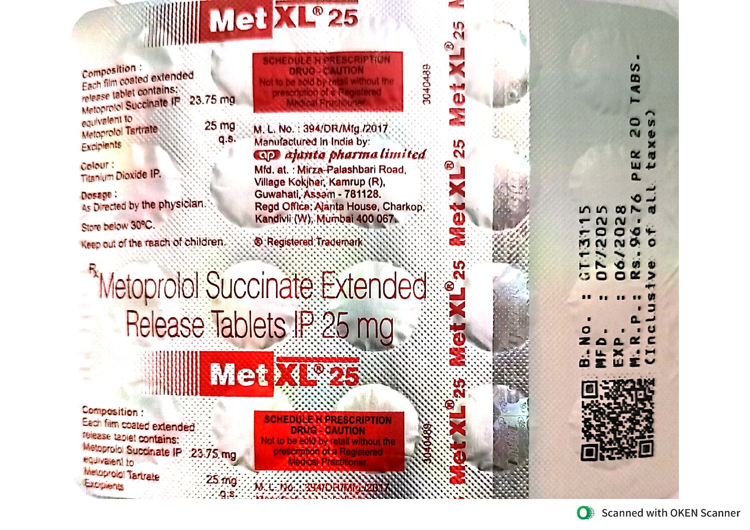 MET XL 25 MG TAB  Metoprolol succinate extended release tab