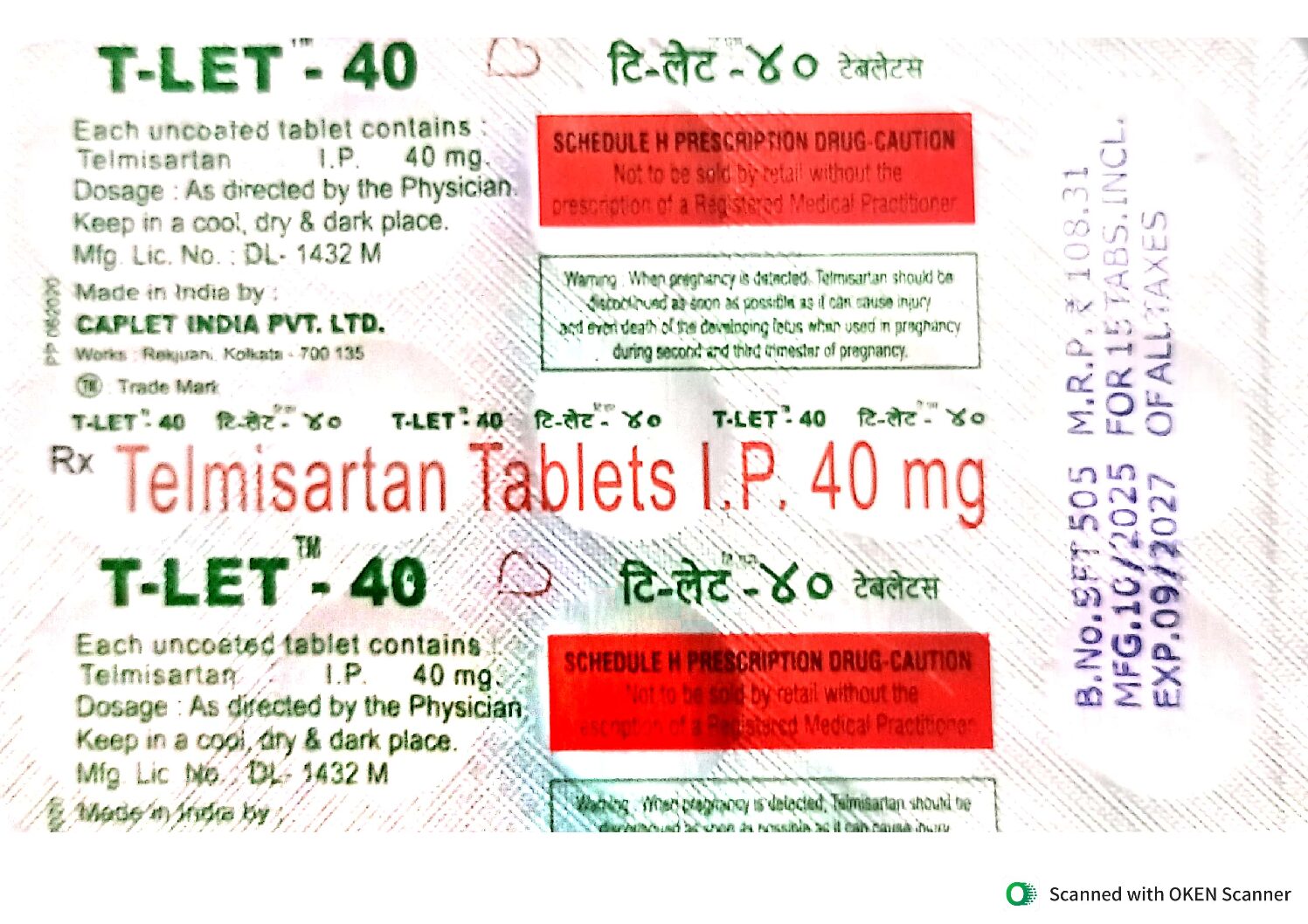 T-LET-40 MG TAB  Telmisartan tab
